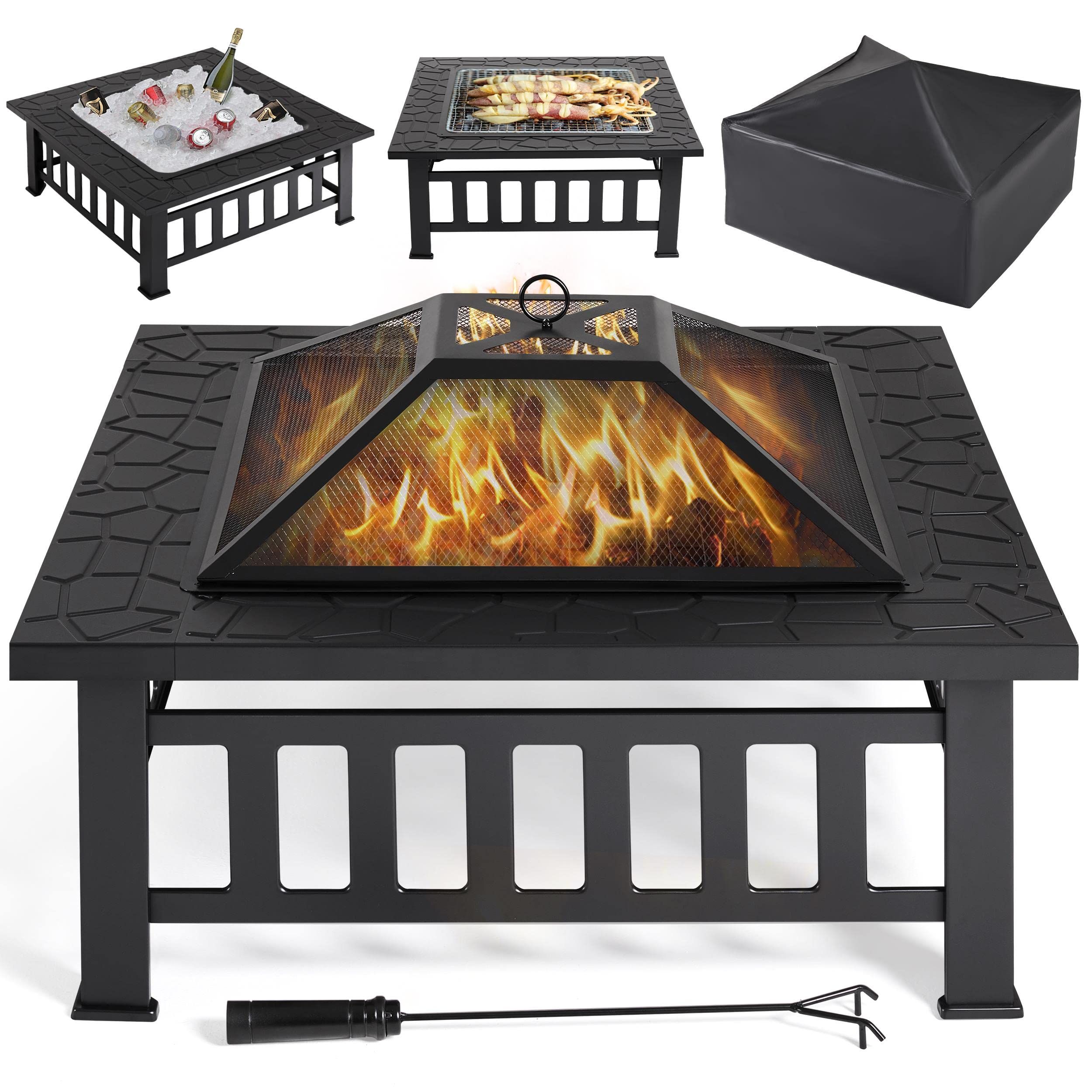 Yaheetech 34in Fire Pit Table Outdoor Fire Pits Square Steel Stove with Mesh Screen, Waterproof C... | Amazon (US)