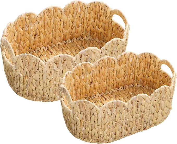 Scalloped Basket Set of 2,Water Hyacinth Basket for Organizing and Decor,Hand-Woven Wicker Storag... | Amazon (US)