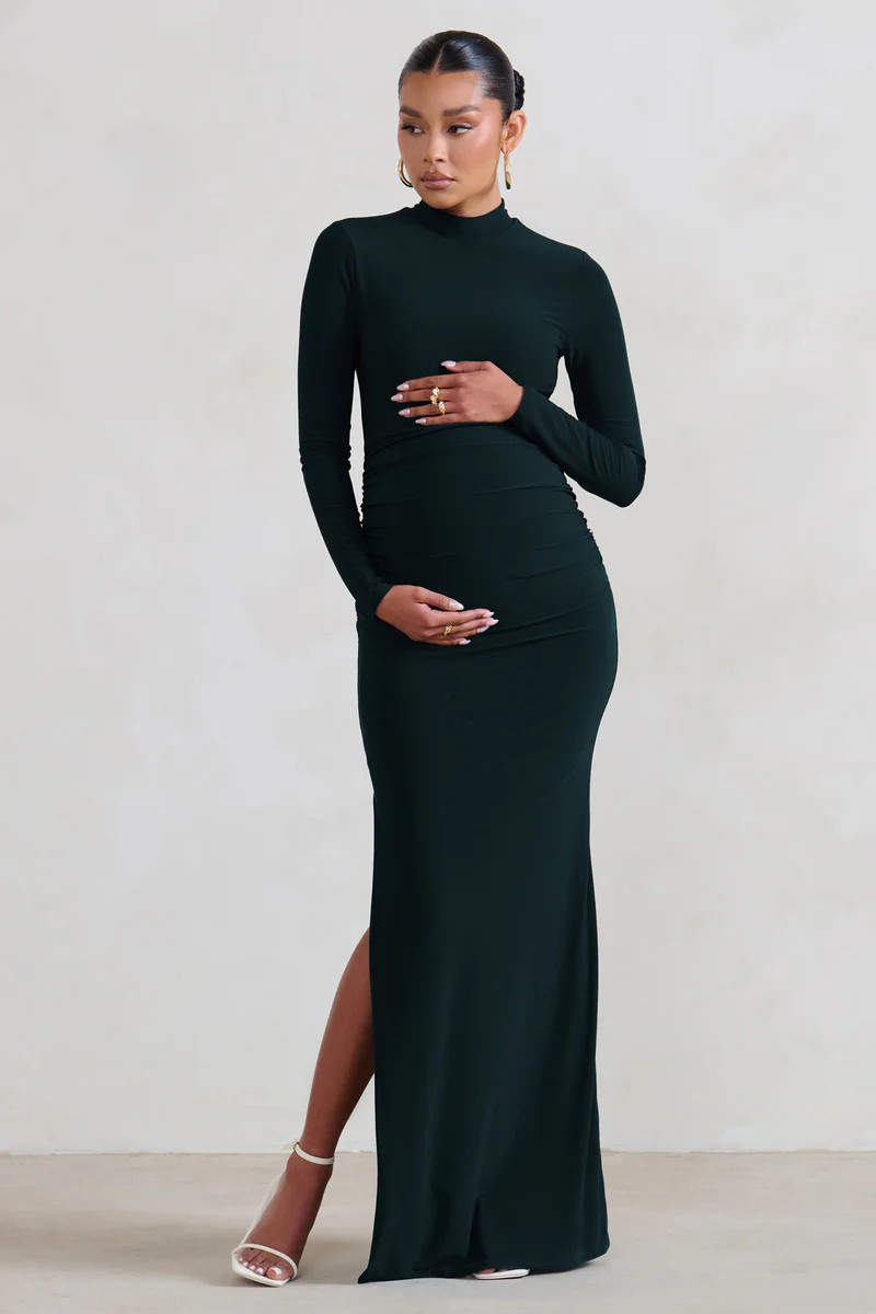 Alejandra  Black Maternity Long Sleeve High Neck Maxi Dress | Club L London