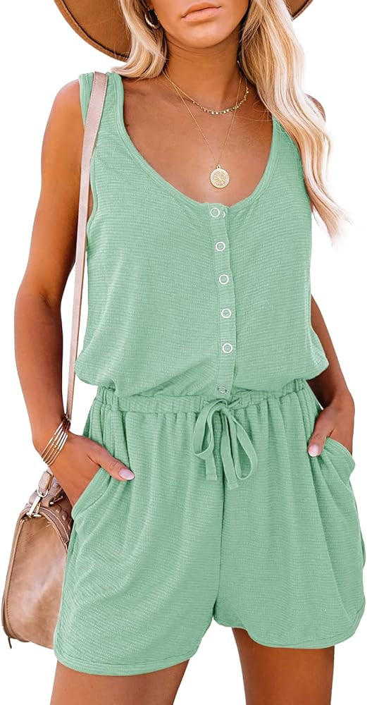 Mafulus Women's Summer Scoop Neck Sleeveless Button Down Jumpsuit Rompers Adjustable Waist Short wit | Amazon (US)