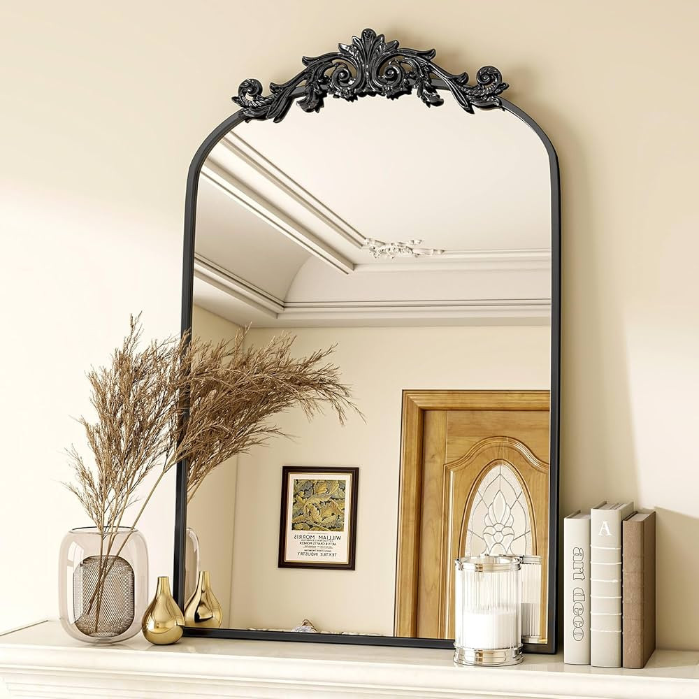 Vintage Arched Bathroom Mirror, 24x36 Inch Retro Wall Mounted Vanity Mirror with Carved Pattern T... | Amazon (US)
