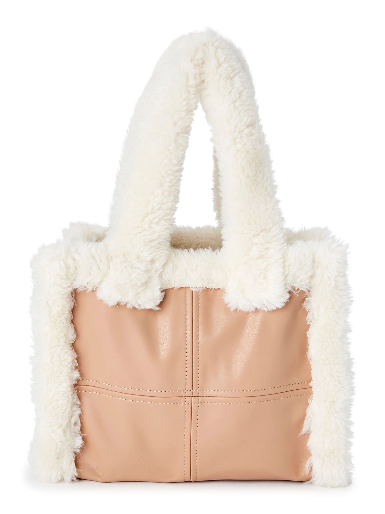 No Boundaries Women's Square Sherpa Tote Bag Tan Off-White- Small | Walmart (US)