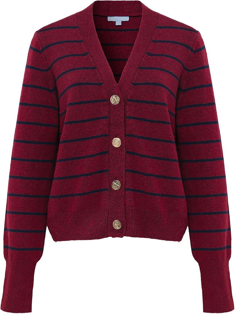 Women's Long Sleeve V-Neck Cardigan Striped Button Knit Sweater Cardigan | Amazon (US)