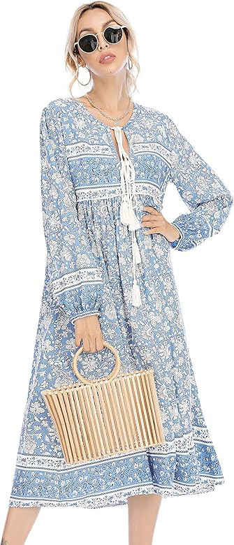 R.Vivimos Women's Long Sleeve Floral Print Retro V Neck Tassel Bohemian Midi Dresses | Amazon (US)