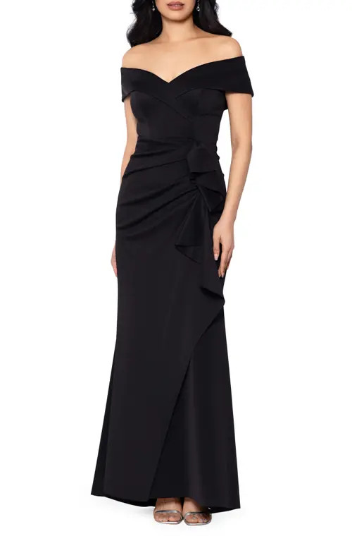 Xscape Evenings Ruffle Off the Shoulder Scuba Gown in Black at Nordstrom, Size 16P | Nordstrom