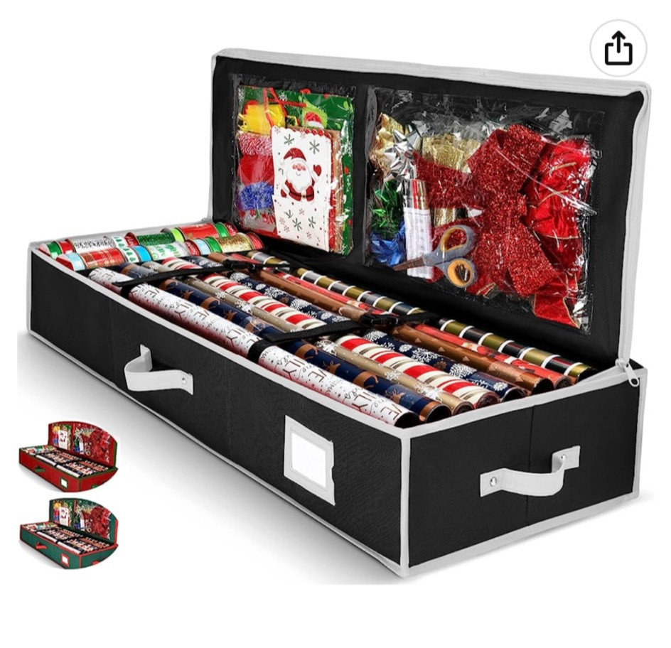 Wrapping paper/gift bag storage container with interior pockets. Fits 18-20 standard rolls. Under bed storage bin. 

#LTKunder50 #LTKFind #LTKSeasonal