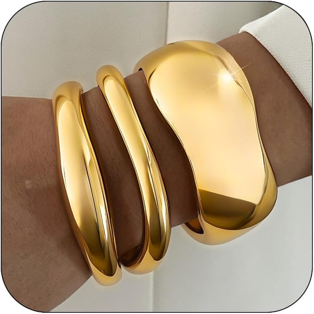 3Pcs Chunky Gold Bangles Bracelets for Women, Spring Hinged Big Stackable Bangles Set, Trendy Cuf... | Amazon (US)