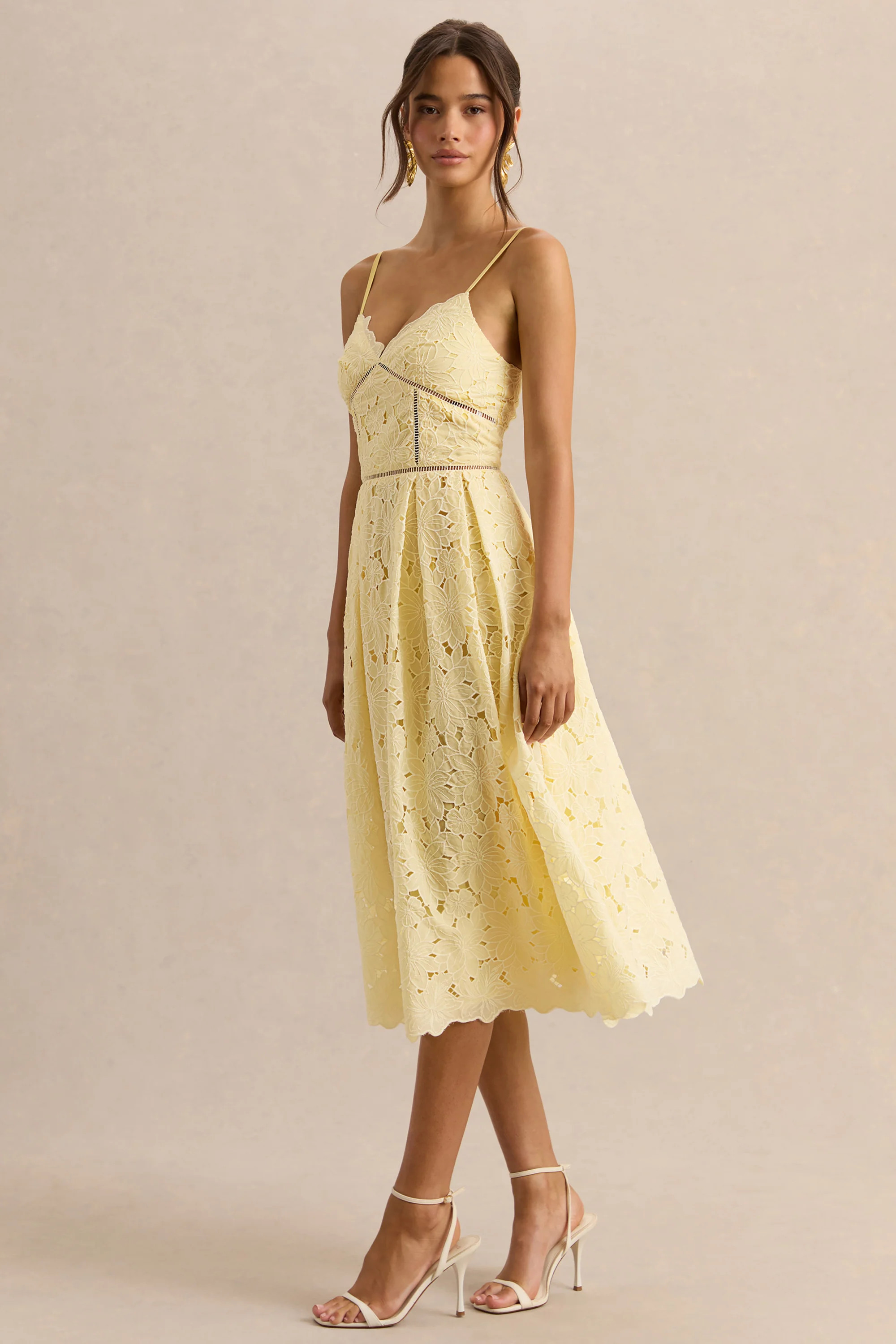 Nicoline | Lemon Lace Sweetheart Midi Dress With Cami Straps | Club L London