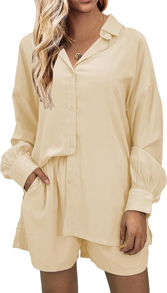 Ekouaer Pajamas Womens 2 Piece Matching Lounge Set Casual Long Sleeve Button Down Shirt and Short... | Amazon (US)
