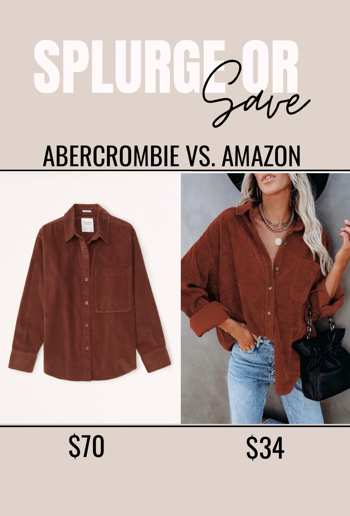 Amazon fashion, amazon deal, Abercrombie shacket, splurge or save, look for less, corduroy shacket, fall shacket, shacket style, fall fashion, fall outfit, fall jacket 

#LTKstyletip #LTKSeasonal #LTKunder50