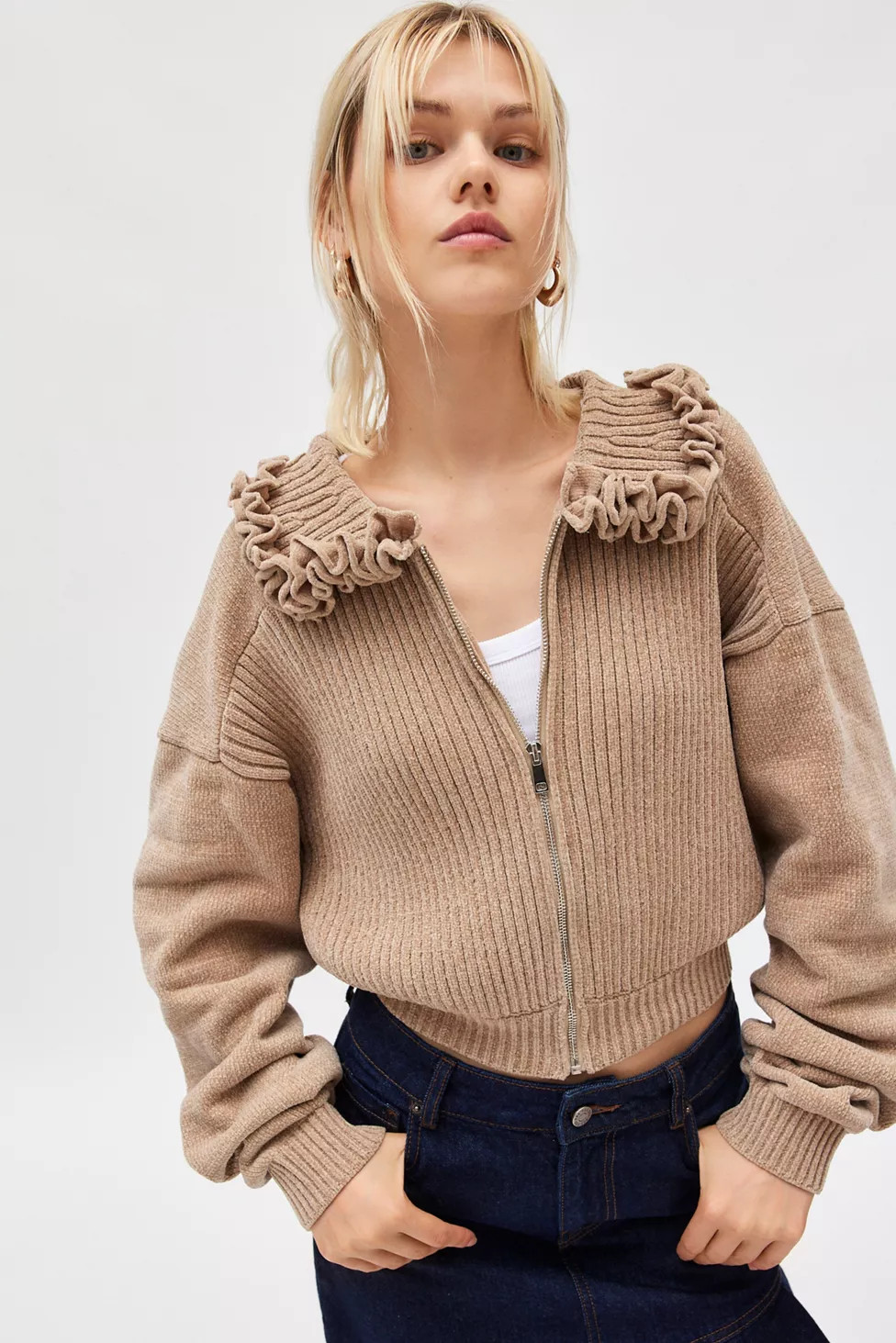 For Love & Lemons Rey Ruffle Collar Knit Zip-Up Jacket | Urban Outfitters (US and RoW)
