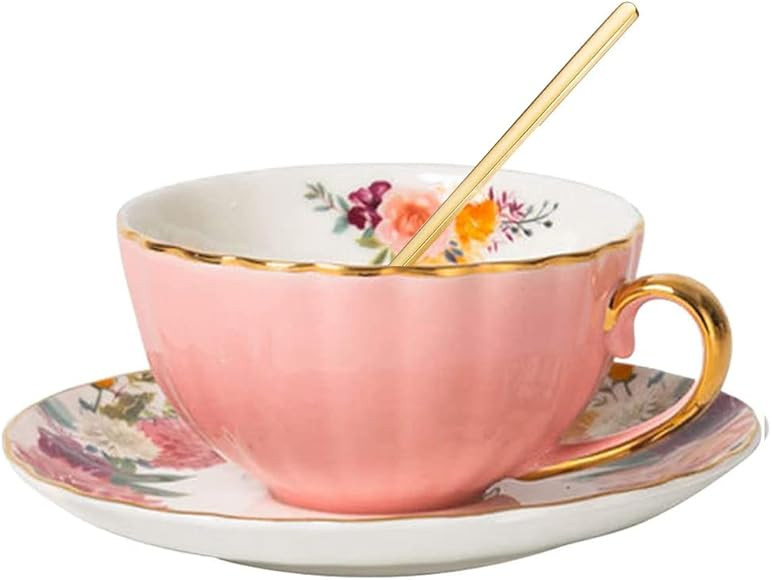 OneUstar Tea Cup and Saucer Set for 1 with Gold Trim 8 Ounce Bone China Ceramic Floral Coffee Cup Mu | Amazon (US)