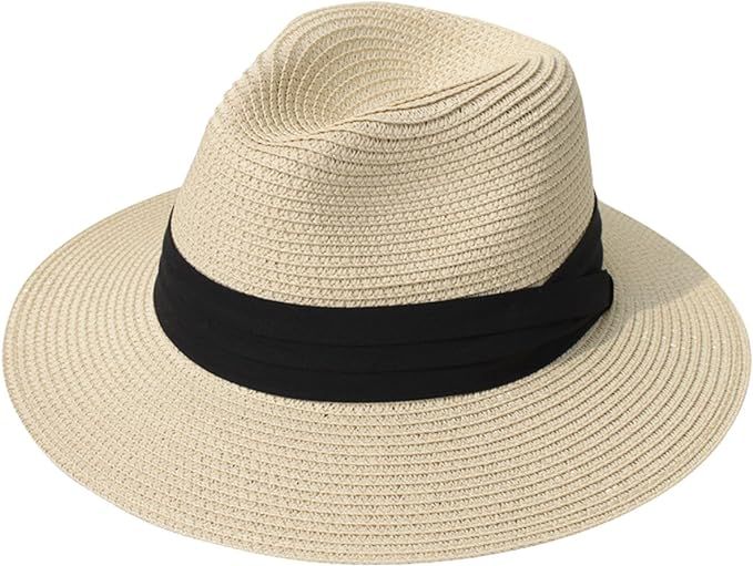 Lanzom Women Wide Brim Straw Panama Roll up Hat Belt Buckle Fedora Beach Sun Hat UPF50+ | Amazon (US)