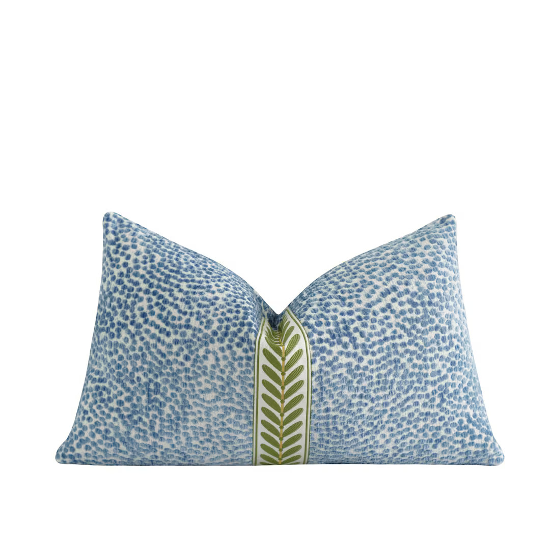 Blue Dotted Chenille Lumbar Pillow Cover • Green Embroidered Leaf Trim • Textured Accent for ... | Etsy (US)