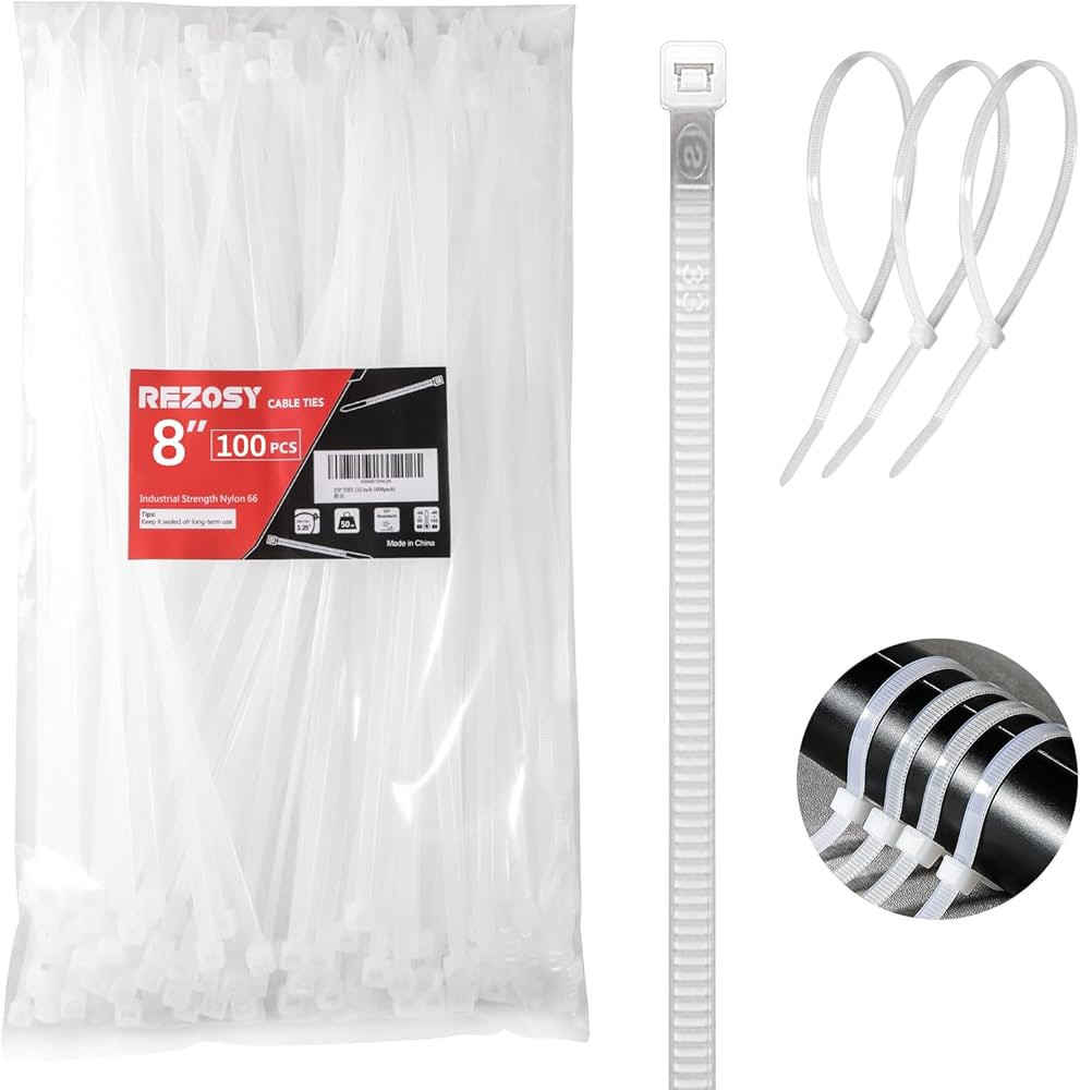 White Zip Ties 8 Inch 100 Pack Clear Tensile Strength 40 lbs UV Resistant Industrial Cable Ties S... | Amazon (US)