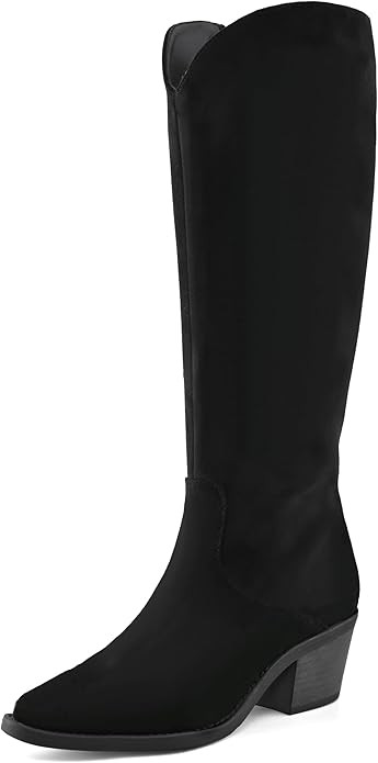 Knee High Boots for Women Cowboy Suede Pointed Toe Tall Mid Stacked Chunky Block Heeled Side Zipp... | Amazon (US)