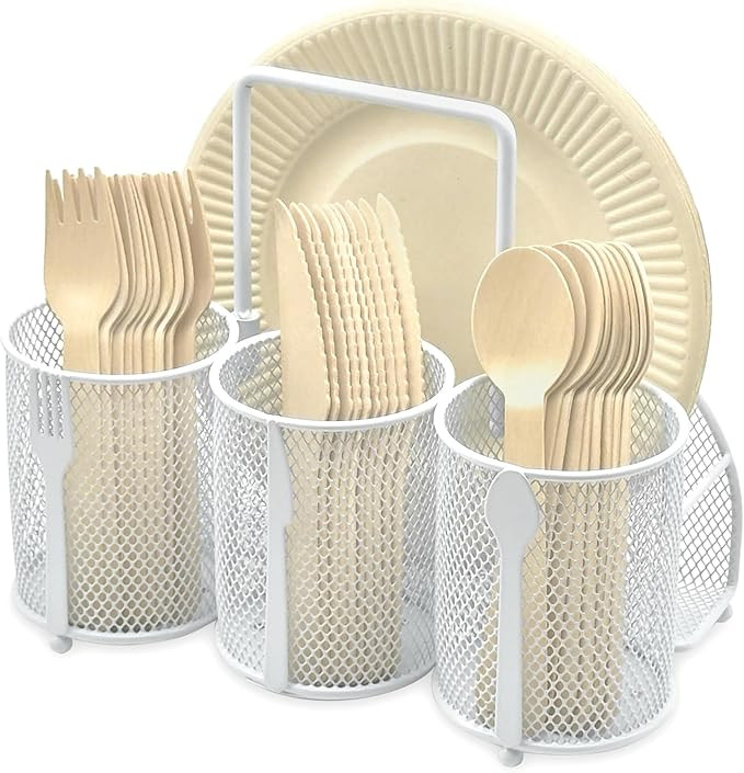 Utensil Caddy Silverware Holder - 4 Compartment Metal Mesh Cutlery Fork Spoon Napkin Plate Organi... | Amazon (US)