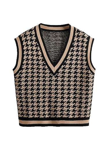 SweatyRocks Women's Plaid Geo Sleeveless V Neck Knit Crop Top Sweater Vest Houndstooth Brown M | Amazon (US)