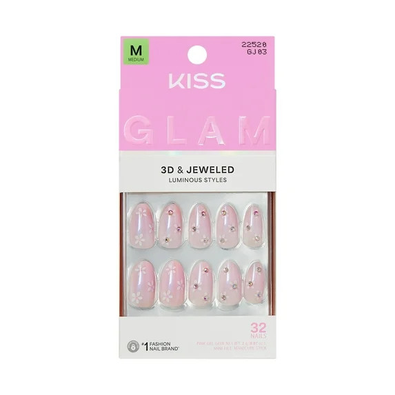 KISS GLAM 3D & Jewel Press On Nails  Almond, ‘Breeze of Bliss’, Pink, Medium, 32 Count | Walmart (US)