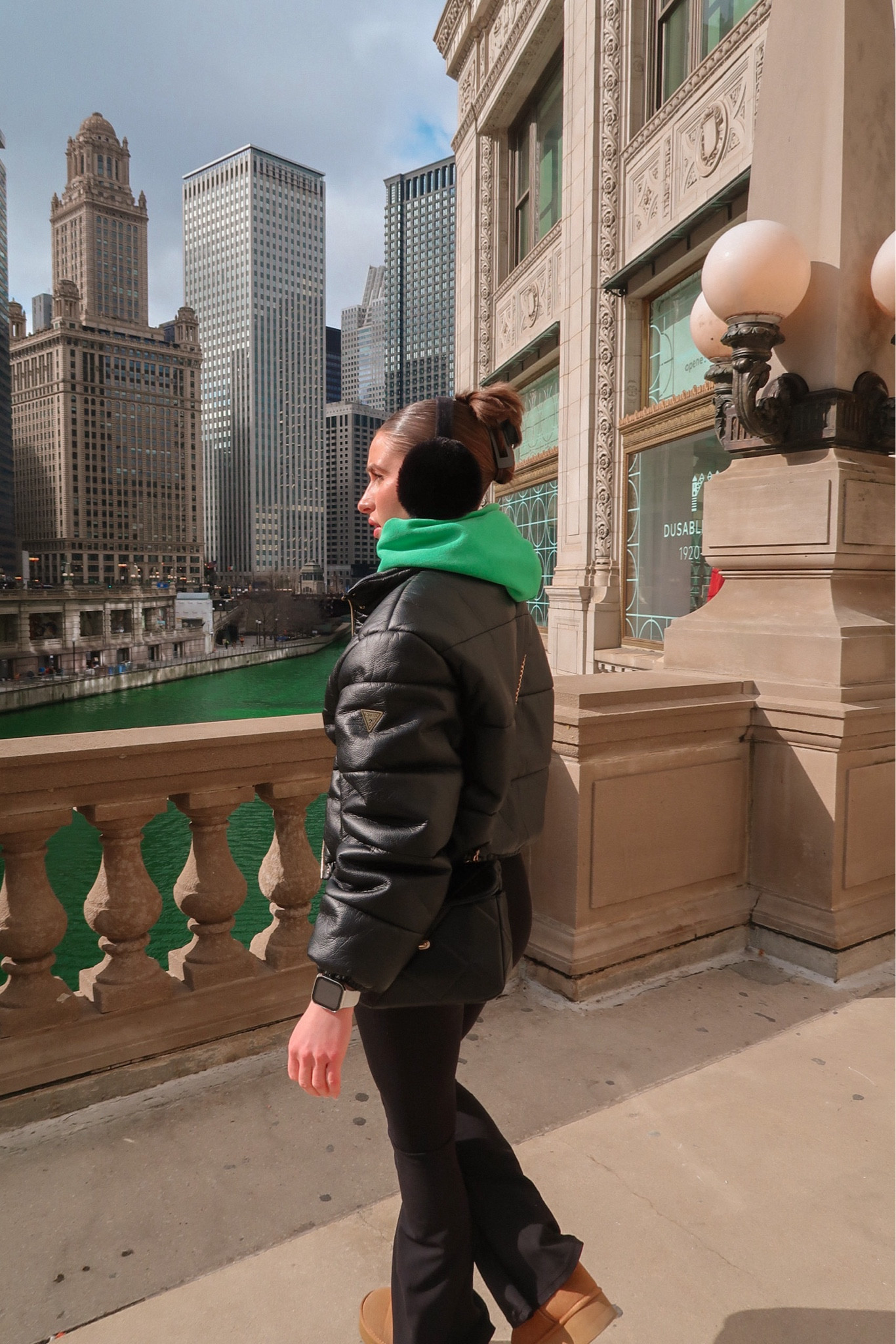 cold weather Chicago outfit inspo ❄️ 

•Target A New Day women’s fleece hoodie size M in green perfect for St. Patrick’s Day

•OFFLINE by aerie real me high waisted crossover super flare legging size S in black 

•Guess faux leather puffer jacket

•Badgley Mischka large quilted crossbody purse in black held my phone, wallet, & camera 📸 

•Cushionaire hippy cozy platform ankle boot

•Livingston store furry warm winter earmuffs in black helped me stay so cozy!#LTKCyberWeek 

#LTKtravel #LTKstyletip #LTKSeasonal