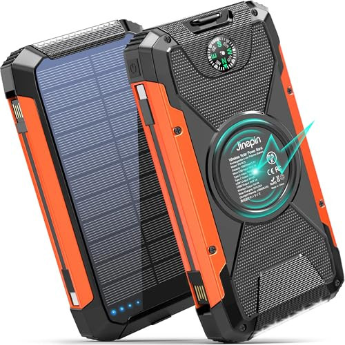 Jinepin Solar Charger Power Bank -38600mAh Solar Phone Charger Built in 3 Cables Waterproof Outdoor External Battery Pack with 4 Outputs 2 Inputs USB C 15 W Powerbank with Camping Light Compass | Amazon (US)