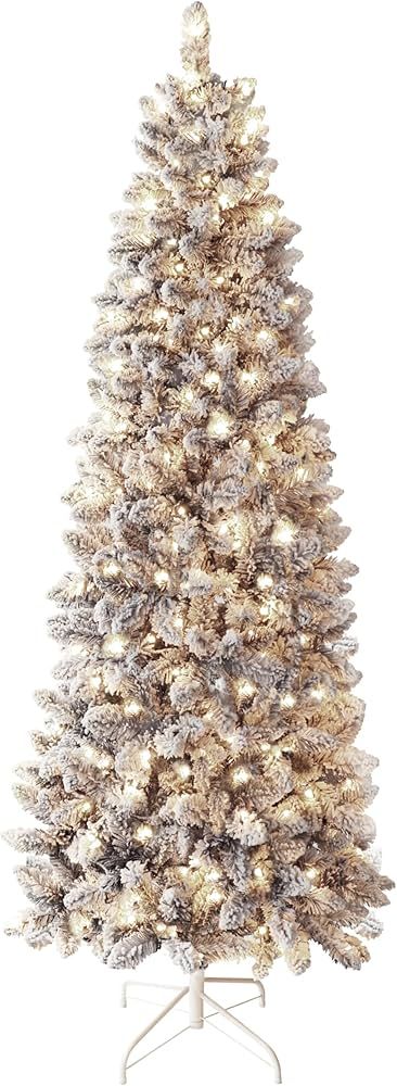 MUPATER 7.5ft Pencil Christmas Tree, Pre-Lit Artificial Christmas Tree with Flocked Snow and Meta... | Amazon (US)