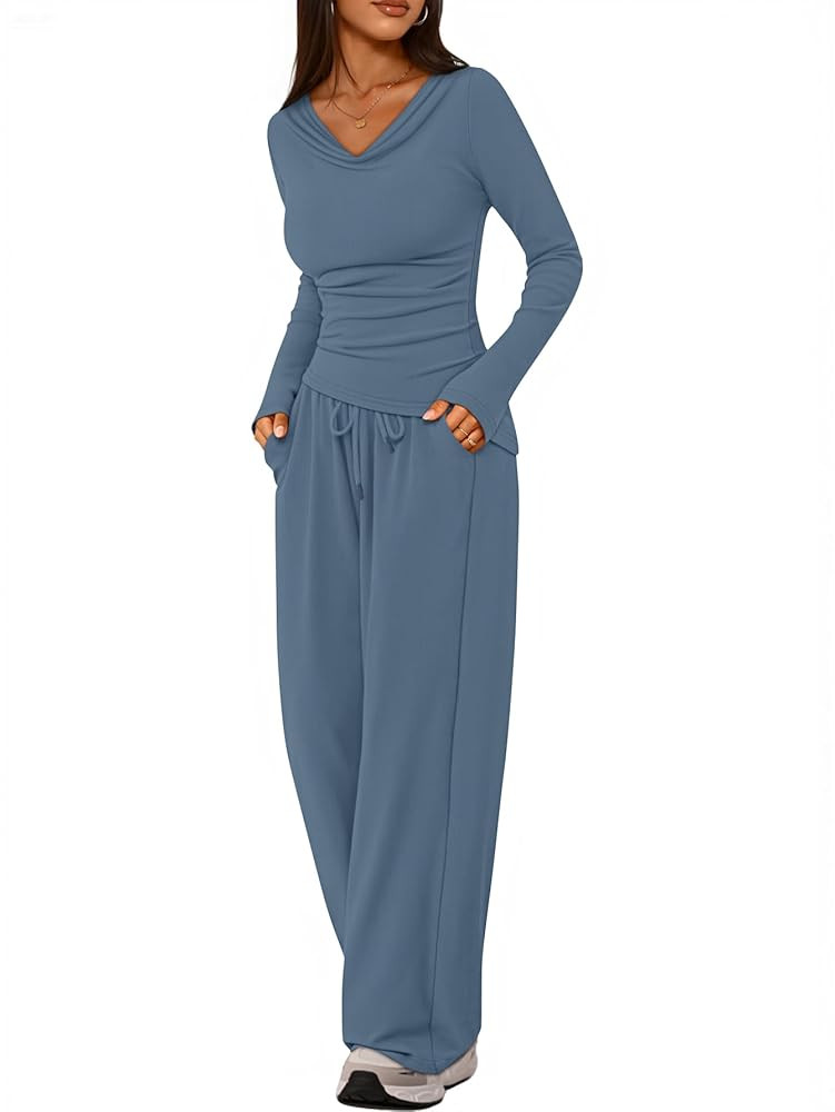 ZESICA Women's 2 Piece Lounge Sets Fall Long Sleeve Cowl Neck Asymmetrical Top Wide Leg Pants Mat... | Amazon (US)