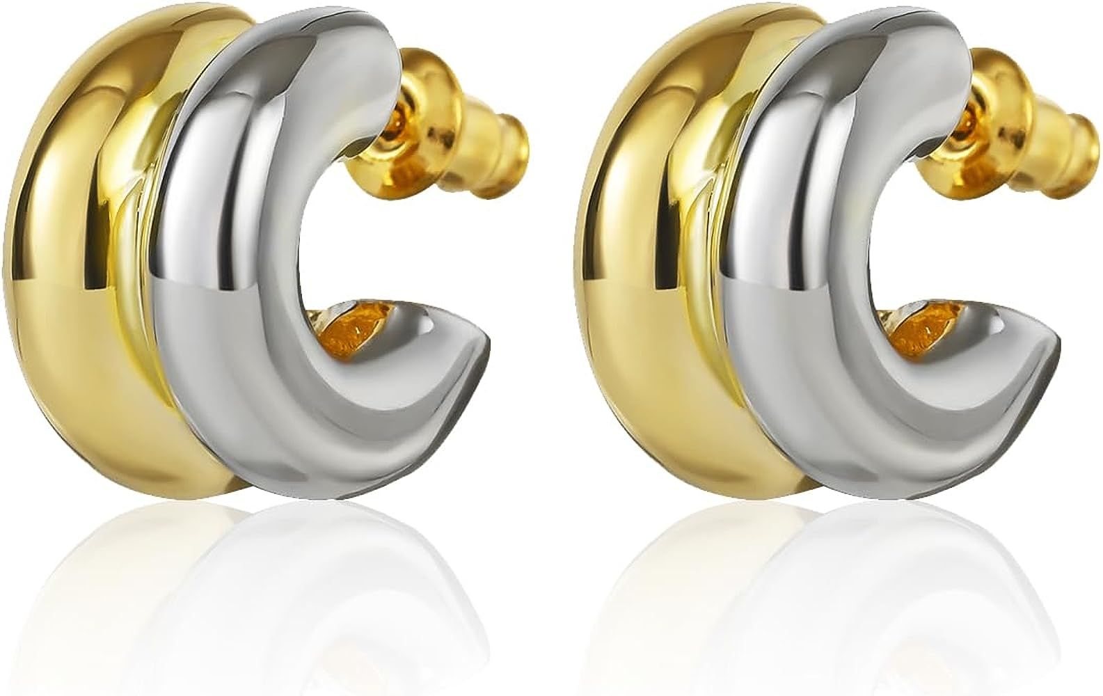 Two Tone Hoop Earrings for Women Gold and Silver 18k Double Hoop Earrings 925 Sterling Silver Stu... | Amazon (US)