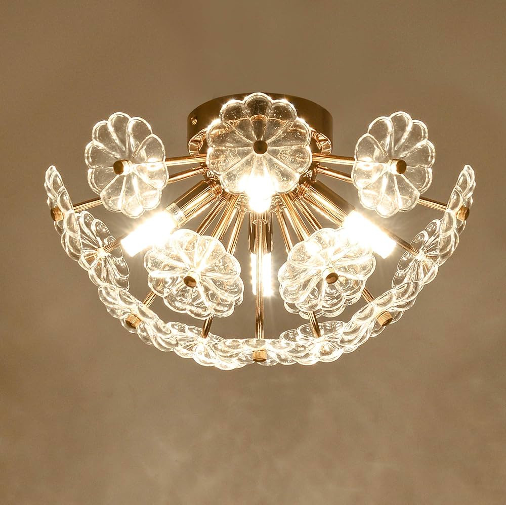 HMVPL Golden Flush Mount Ceiling Light Fixtures, Modern Glass Close to Ceiling Lamp, Crystal Chan... | Amazon (US)