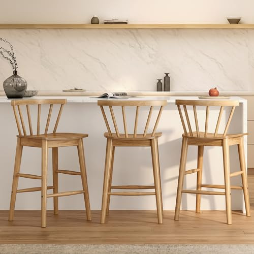 EYYTHUNG Farmhouse Wood Bar Stools Set of 3, 24" Barstool Counter Stools with Curved Back Counter Chairs for Kitchen Islands Dining Room, Natural Oak | Amazon (US)
