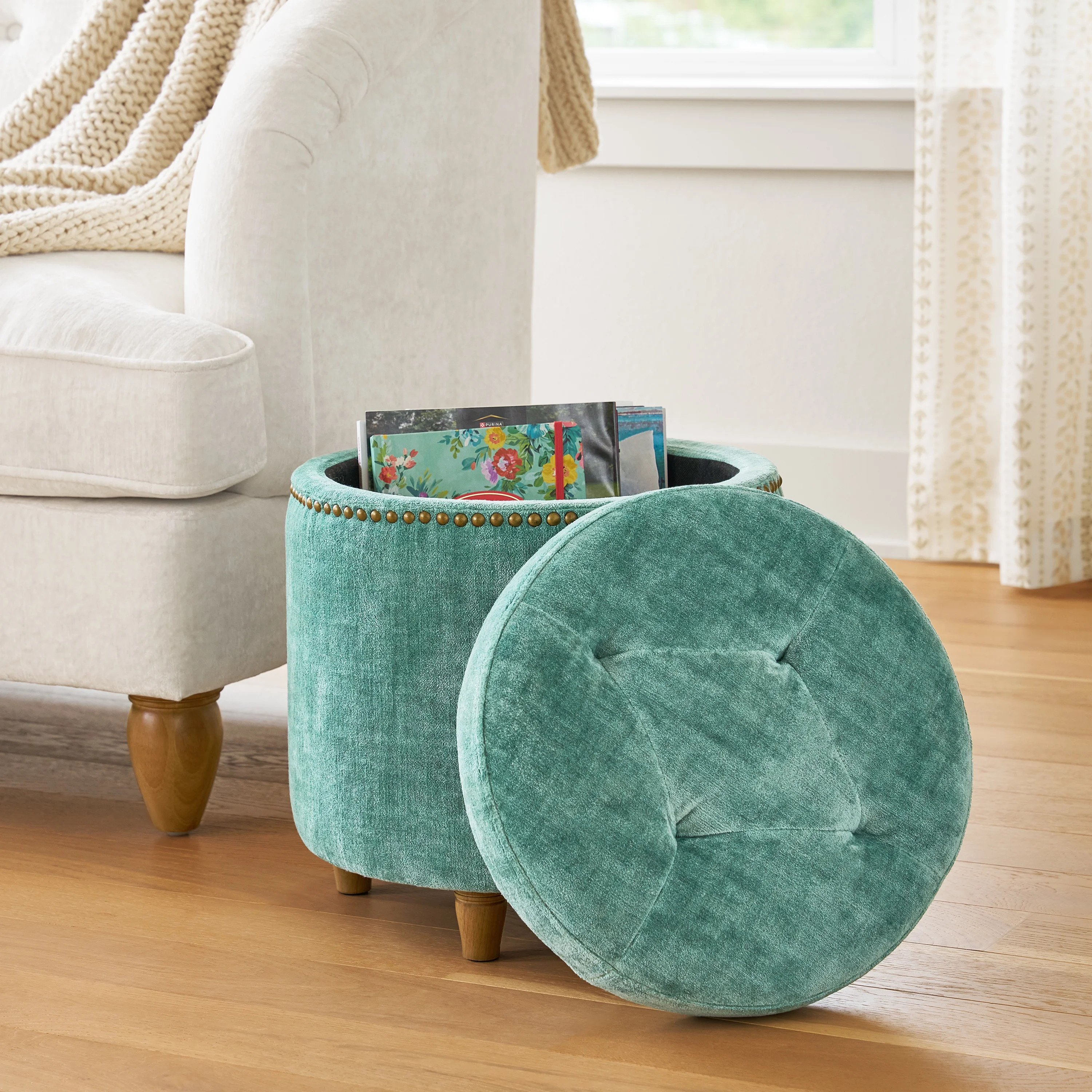 The Pioneer Woman Harper Round Velvet Storage Ottoman, Jade, 17.72 in | Walmart (US)