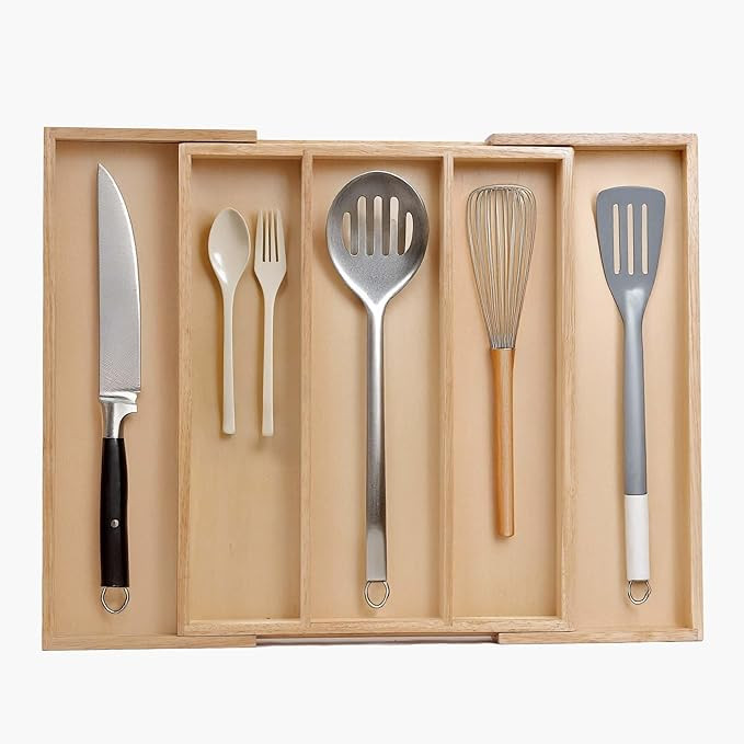 Utensils Organizer Rubberwood, 5 Compartments Expandable Kitchen Silverware Tray, Wooden Utensil ... | Amazon (US)