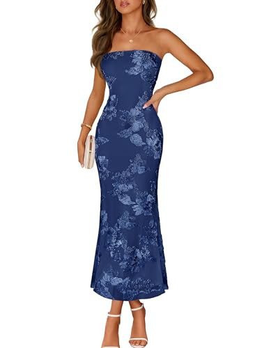 MEROKEETY Women's Floral Strapless Maxi Dress 2026 Summer Mesh Tube Bodycon Formal Wedding Guest Cocktail Party Long Dresses, Navy, Medium | Amazon (US)