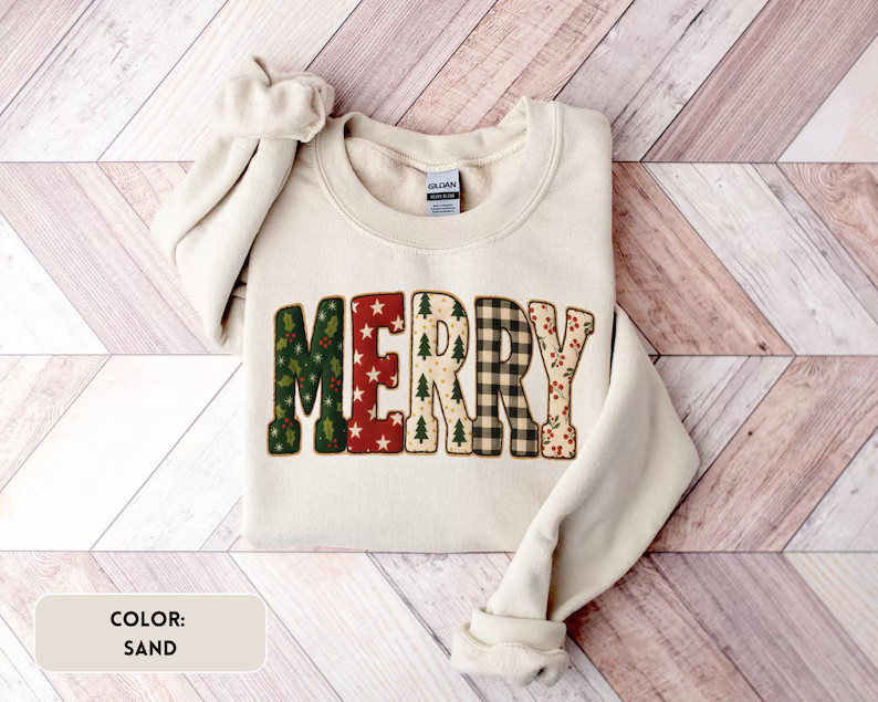 Faux Patchwork Merry Christmas Sweatshirt Merry Winter Hoodie Holiday Sweater Christmas Tree Swea... | Etsy (US)