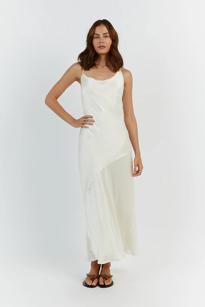 FLETCHER CREAM SILK ASYM LONG DRESS | DISSH