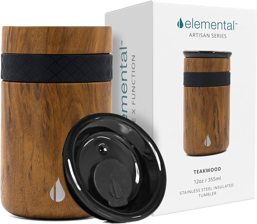 Elemental Artisan Insulated Tumbler, Triple Wall Coffee Travel Mug, Reusable Stainless Steel Coffee Tumbler with Ceramic Lid, Thermal Coffee Cups for Hot (6 Hrs) & Cold (18 Hrs), 12oz - Teak Wood | Amazon (US)