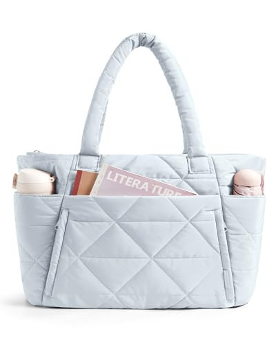 BAGSMART Tote Bag for Women, Puffy Tote Bag with Zipper, Large Quilted Shoulder Bag with Compartments for Travel, Work, Gym (Gray-blue) | Amazon (US)