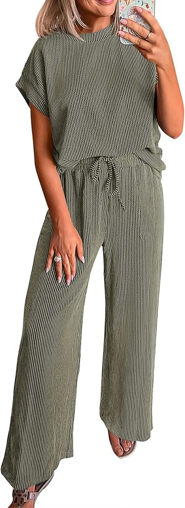KIRUNDO 2 Piece Sets for Women Dressy Casual Ribbed Knit Short Sleeve Tops Wide Leg Pants Lounge ... | Amazon (US)