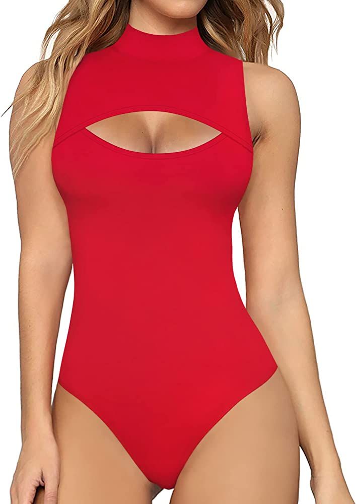 MANGOPOP Mock Neck Sexy Cutout Front T Shirt Sleeveless/Long Sleeve Short Sleeve Bodysuit for Wom... | Amazon (US)