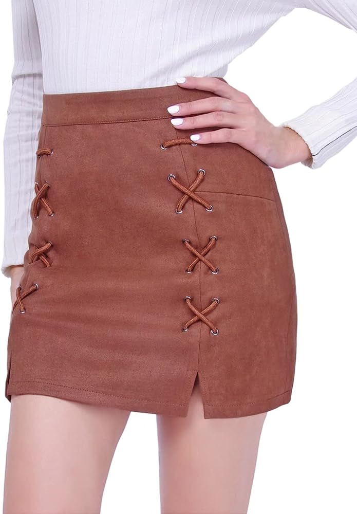DIASHINY Womens Faux Suede Mini Skirt Above Knee Length Wrap A Line Winter Spring Fall | Amazon (US)