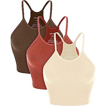 ODODOS Women's Crop 3-Pack Washed Seamless Rib-Knit Camisole Crop Tank Tops, Oatmeal Barn Red Brunet | Amazon (US)