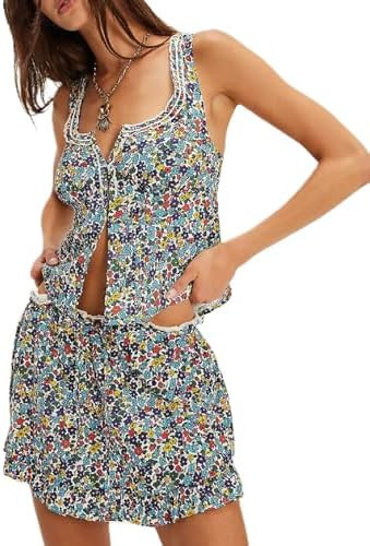 Women Floral 2 Piece Mini Skirt Set Ruffle Hem Smocked Tank Top High Waisted Flowy Mini Skirts Be... | Amazon (US)