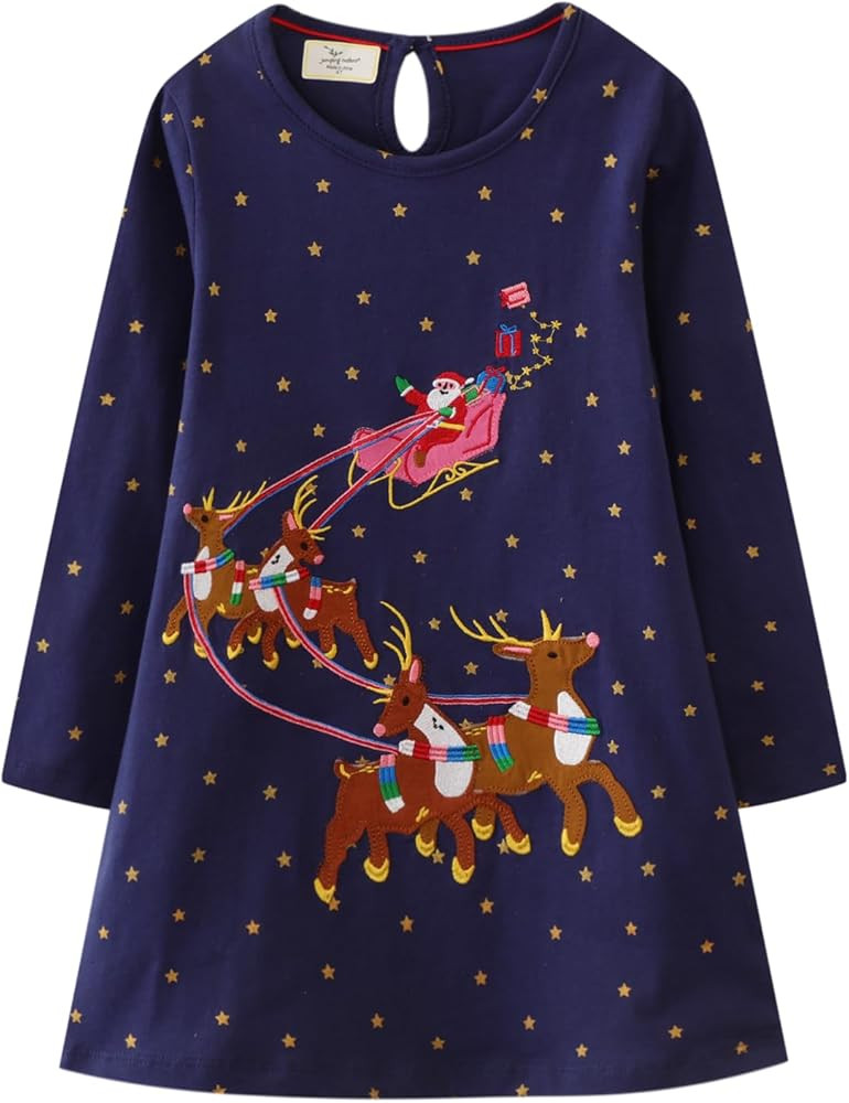 Girls Long Sleeve Dress Casual Cartoon Appliques Jersey Dresses 2-7T | Amazon (US)