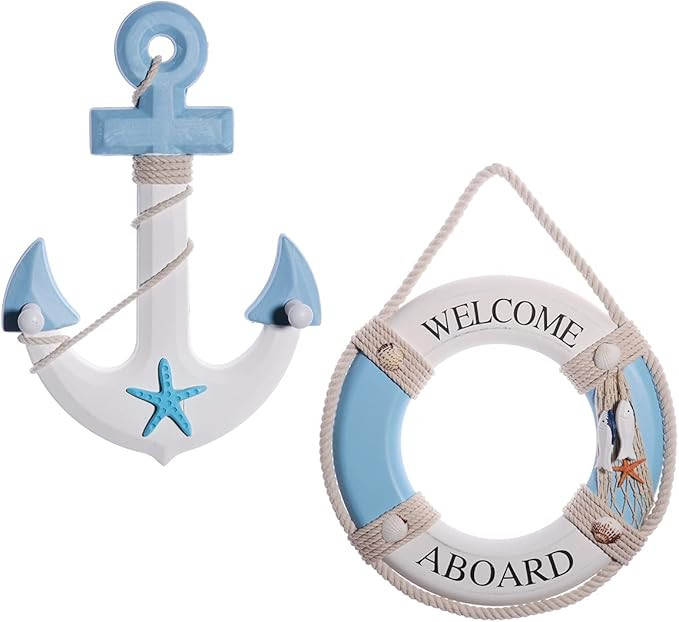 2 Pack 13" Nautical Beach Wooden Ship Wheel and 13" Wooden Anchor with Rope Nautical Boat Steerin... | Amazon (US)