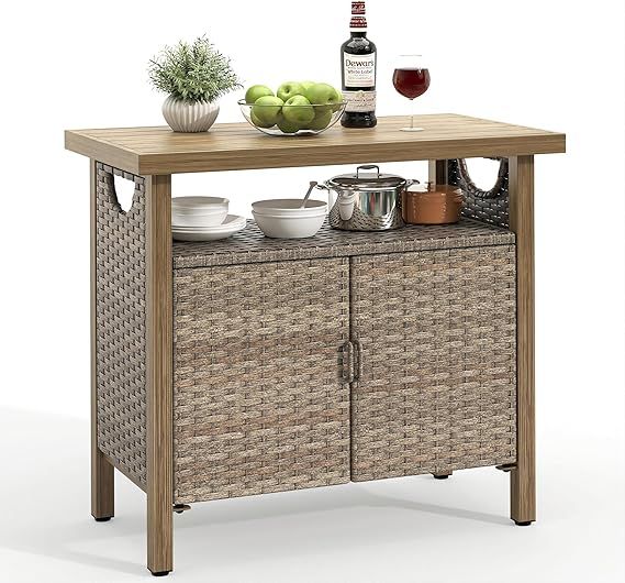 YITAHOME Outdoor Storage Cabinet, Patio Bar Table with Two Doors and Shelves, Weatherproof Wicker... | Amazon (US)