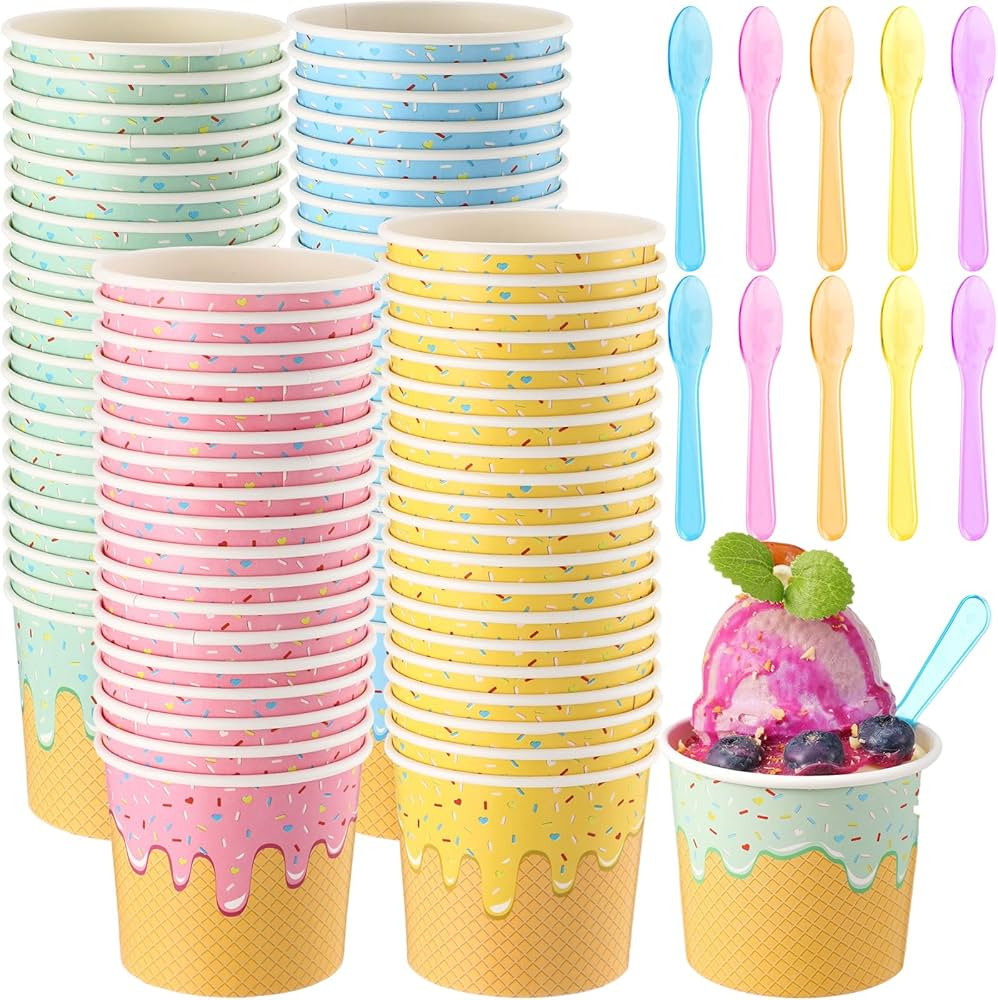 40 Pack 6 oz Paper Ice Cream Cups with Spoons Paper Dessert Cups Colorful Ice Cream Sundae Bowls ... | Amazon (US)