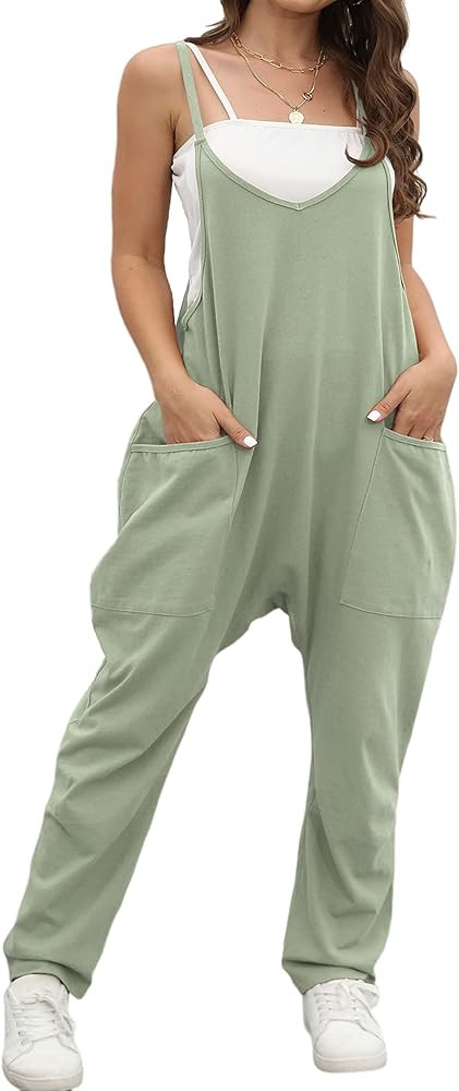 OUFEIYA Womens Casual Sleeveless Adjustable Strap Loose Solid Jumpsuits Baggy Stretchy Long Pant Rom | Amazon (US)