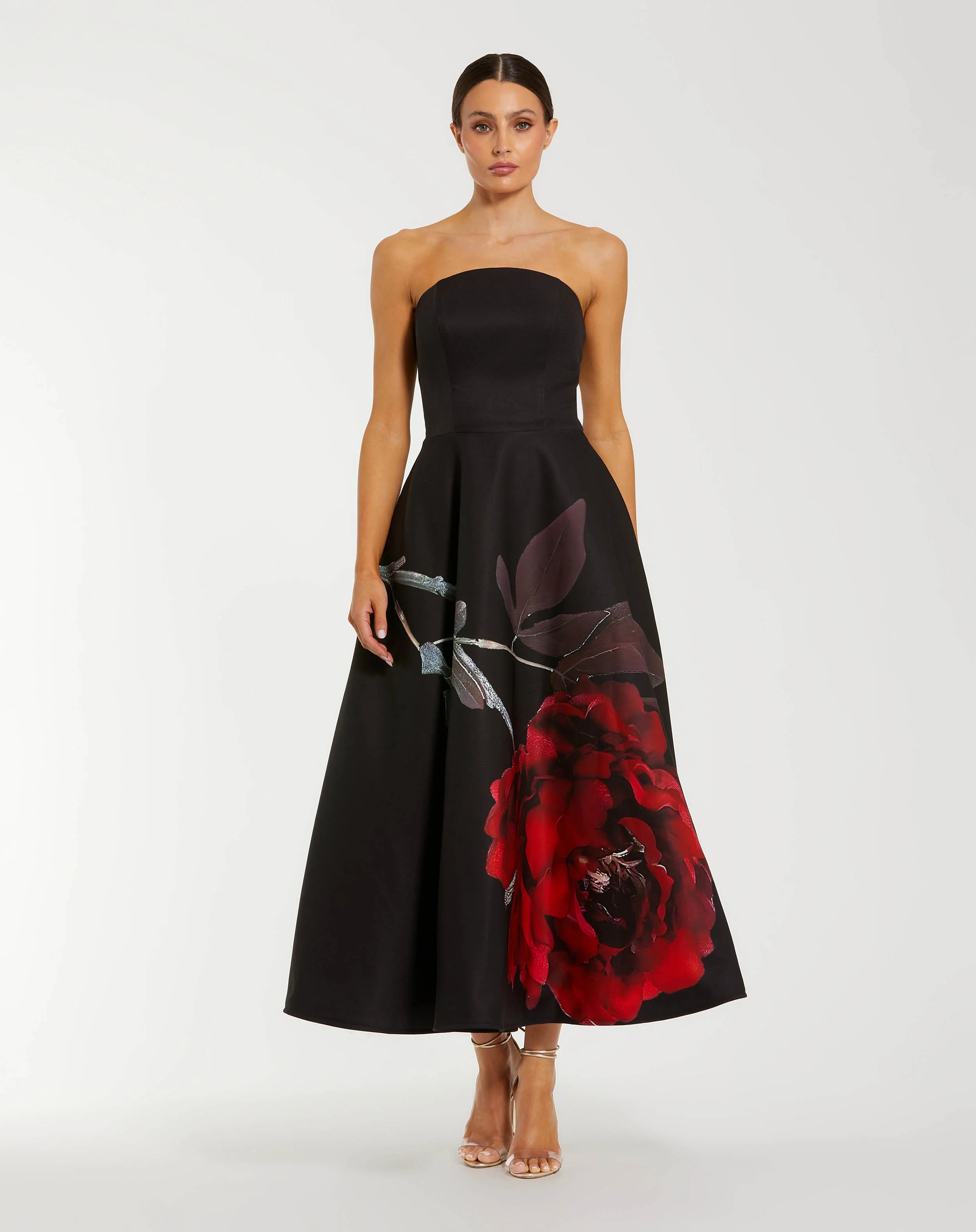 Black Crepe Printed Strapless Midi Dress With Pockets | Mac Duggal | Mac Duggal