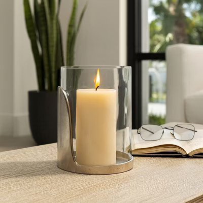 Modern Hurricane Holder for Home Decor Accent - Decorative Glass Cylinder Candle Stand for Table Centerpieces or Dining Room - 9", Silver & Clear | Target