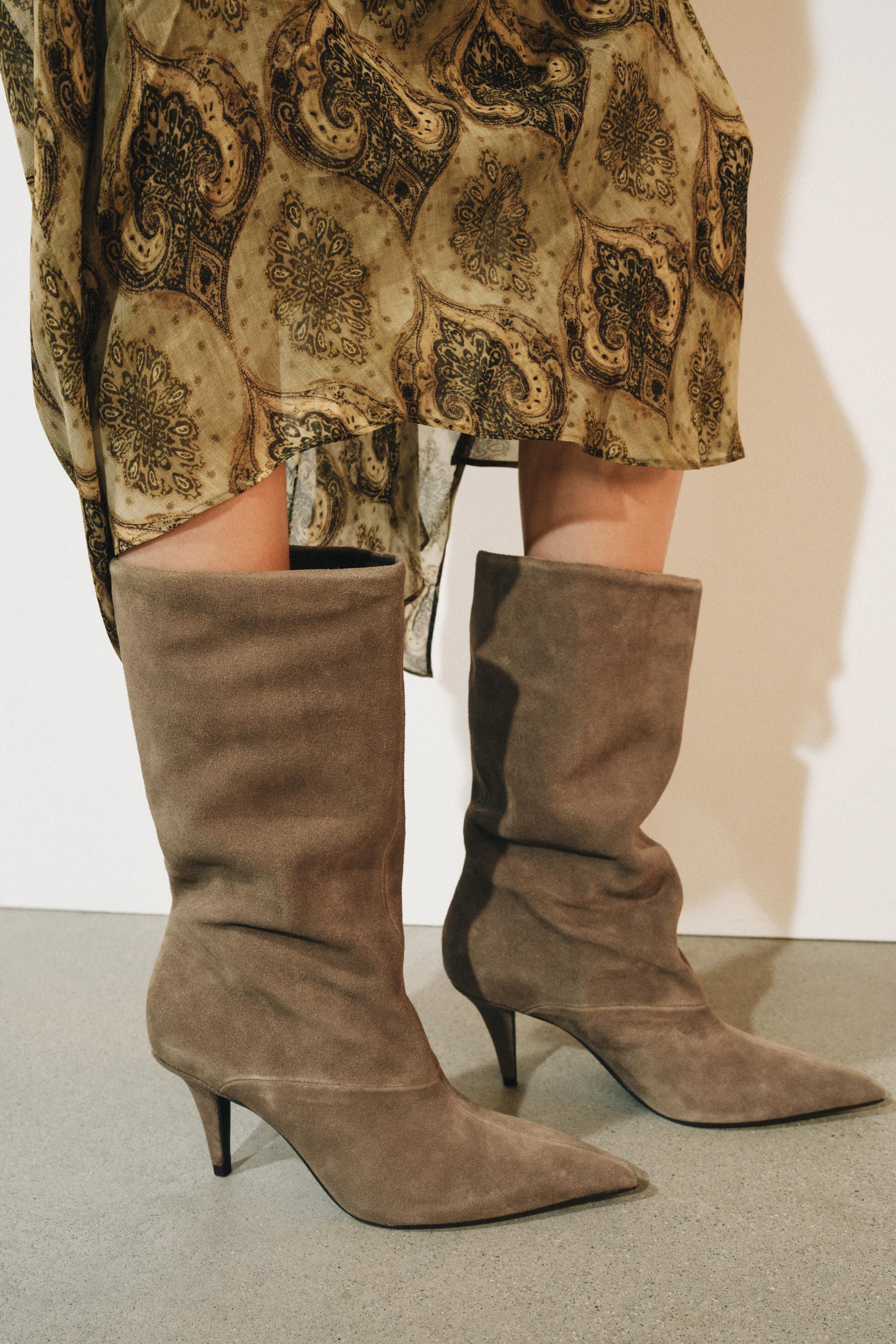 Zara - Suede Gathered Heeled Boots - Taupe Gray - 11 - Woman | Zara Canada